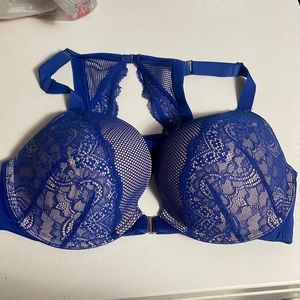 Royal blue front closure racer back bra
